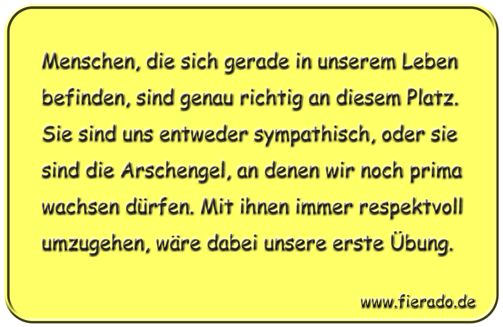Blechschild 112: Menschen, die sich gerade in unserem Leben befinden, sind genau richtig an
          diesem Platz. Sie sind uns entweder sympathisch, oder sie sind die Arschengel, an denen wir noch
          prima wachsen dürfen. Mit ihnen immer respektvoll umzugehen, wäre dabei unsere erste Übung.