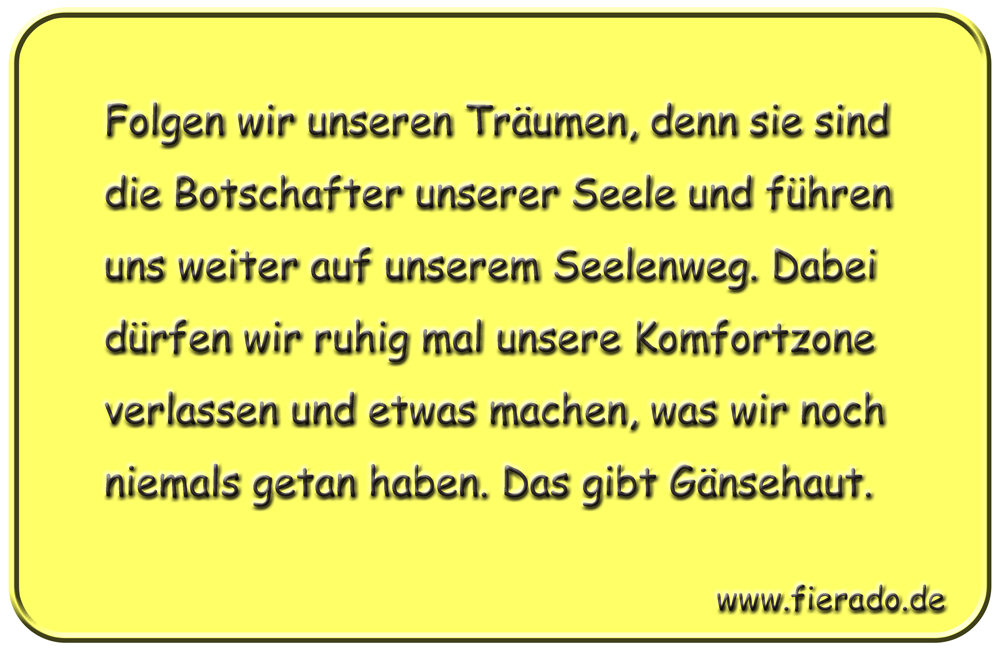 Blechschild 198: Folgen wir unseren Träumen, denn sie sind die Botschafter unserer Seele und führen uns
          weiter auf unserem Seelenweg. Dabei dürfen wir ruhig mal unsere Komfortzone verlassen und etwas machen, was
          wir noch niemals getan haben. Das gibt Gänsehaut.