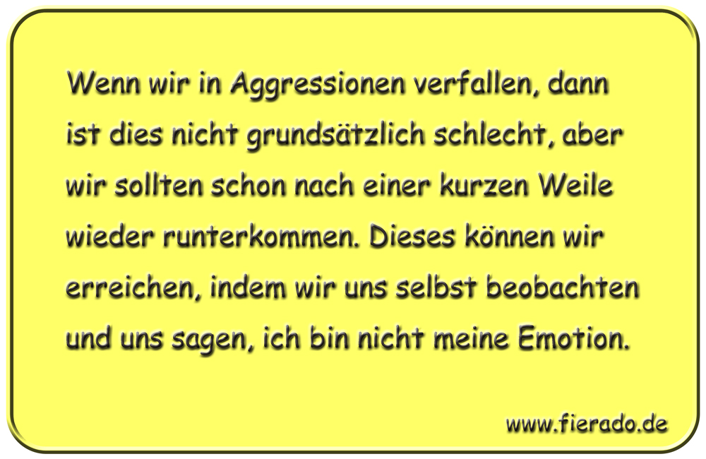 Blechschild 229: Wenn wir in Aggressionen verfallen, dann ist dies nicht grundsätzlich schlecht,
          aber wir sollten schon nach einer kurzen Weile wieder runterkommen. Dieses können wir erreichen, indem
          wir uns selbst beobachten und uns sagen, ich bin nicht meine Emotion.