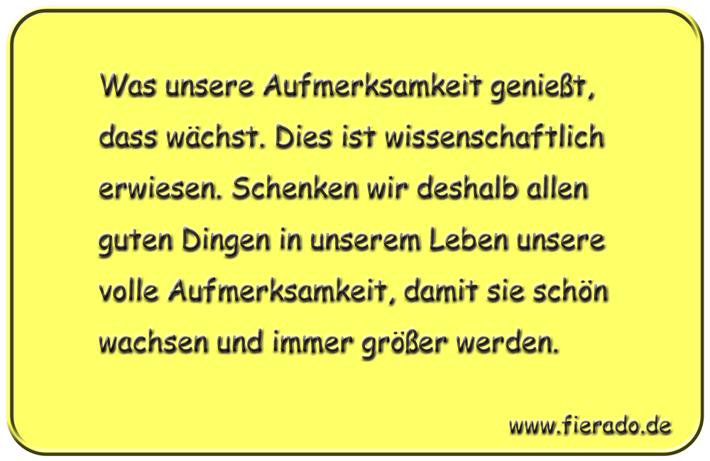 Blechschild 290: Was unsere Aufmerksamkeit genießt, dass wächst. Dies ist wissenschaftlich erwiesen. Schenken
          wir deshalb allen guten Dingen in unserem Leben unsere volle Aufmerksamkeit, damit sie schön wachsen und immer
          größer werden.