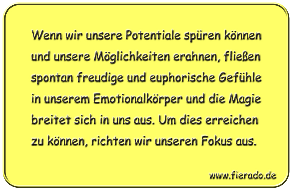 Blechschild 338: Wenn wir unsere Potentiale spüren können und unsere Möglichkeiten erahnen, fließen spontan
          freudige und euphorische Gefühle in unserem Emotionalkörper und die Magie breitet sich in uns aus. Um dies
          erreichen zu können, richten wir unseren Fokus aus.